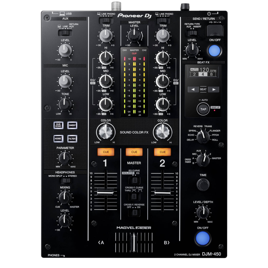 Pioneer DJ DJM-450 2-channel DJ Mixer with Onboard 24-bit Audio Interface, 3-band EQs, Magvel Faders, Sound Color FX, Beat FX, and rekordbox dj/rekordbox DVS Software