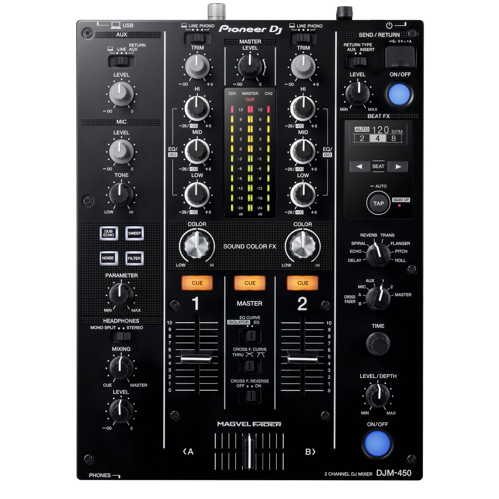 Pioneer DJ DJM-450 2-channel DJ Mixer with Onboard 24-bit Audio Interface, 3-band EQs, Magvel Faders, Sound Color FX, Beat FX, and rekordbox dj/rekordbox DVS Software