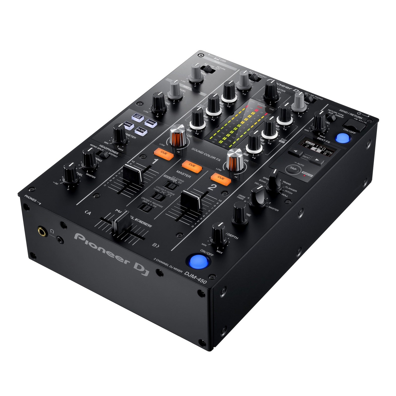 Pioneer DJ DJM-450 2-channel DJ Mixer with Onboard 24-bit Audio Interface, 3-band EQs, Magvel Faders, Sound Color FX, Beat FX, and rekordbox dj/rekordbox DVS Software