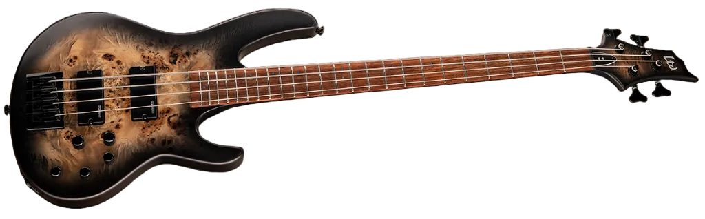 ESP LTD D-4 Poplar Burl Bass Guitar w/ Roasted Jatoba Fingerboard - Black Natural Burst Satin LD4BPBLKNBS