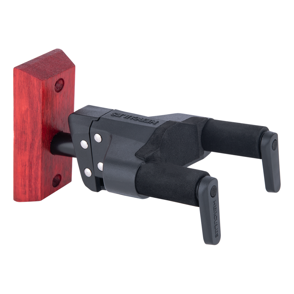 Hercules GSP38WBRPLUS Auto Grip Universal Guitar Hanger for Wall Mounting w/ Burgundy Red Wood Base - Short Arm GSP38WBRPLUS